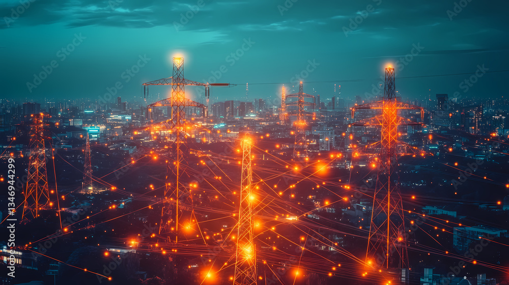Fototapeta premium Illuminating Communication: A sprawling cityscape is interlaced with a network of illuminated communication towers, glowing with radiant lights and connected by a digital network.