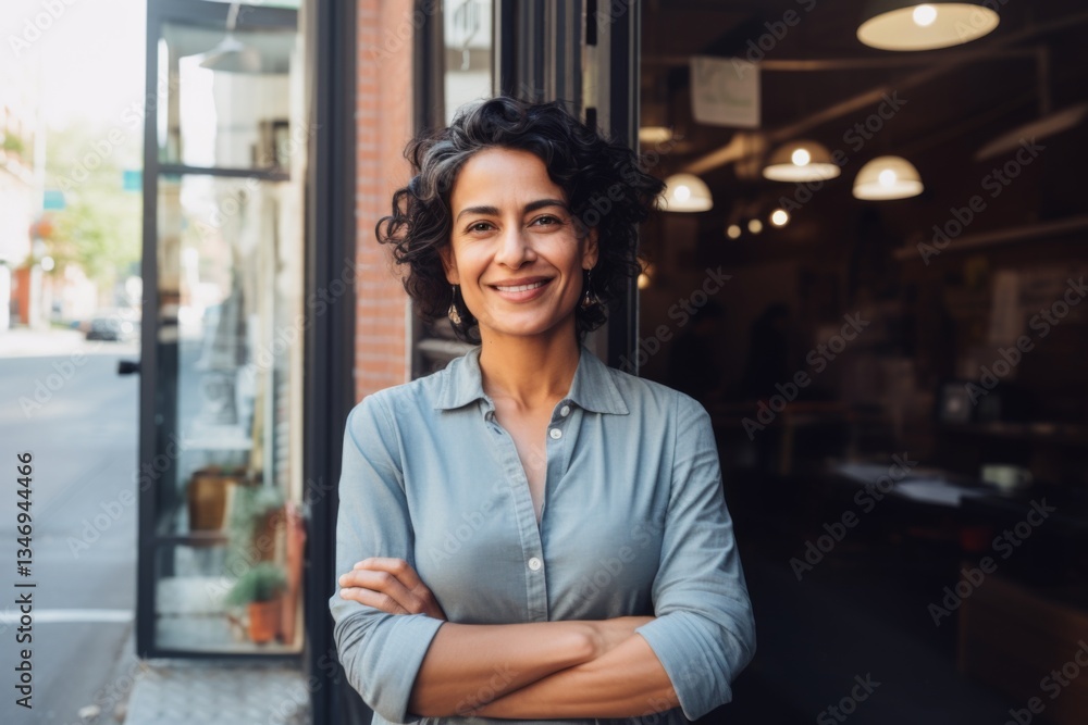 Fototapeta premium Portrait of confident smiling middle age Hispanic female owner standing at entrance of deli