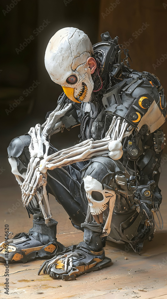 Seated Cyborg with Exposed Skeleton and Damaged Metallic Body Seated Cyborg with Exposed Skeleton and Damaged Metallic Body