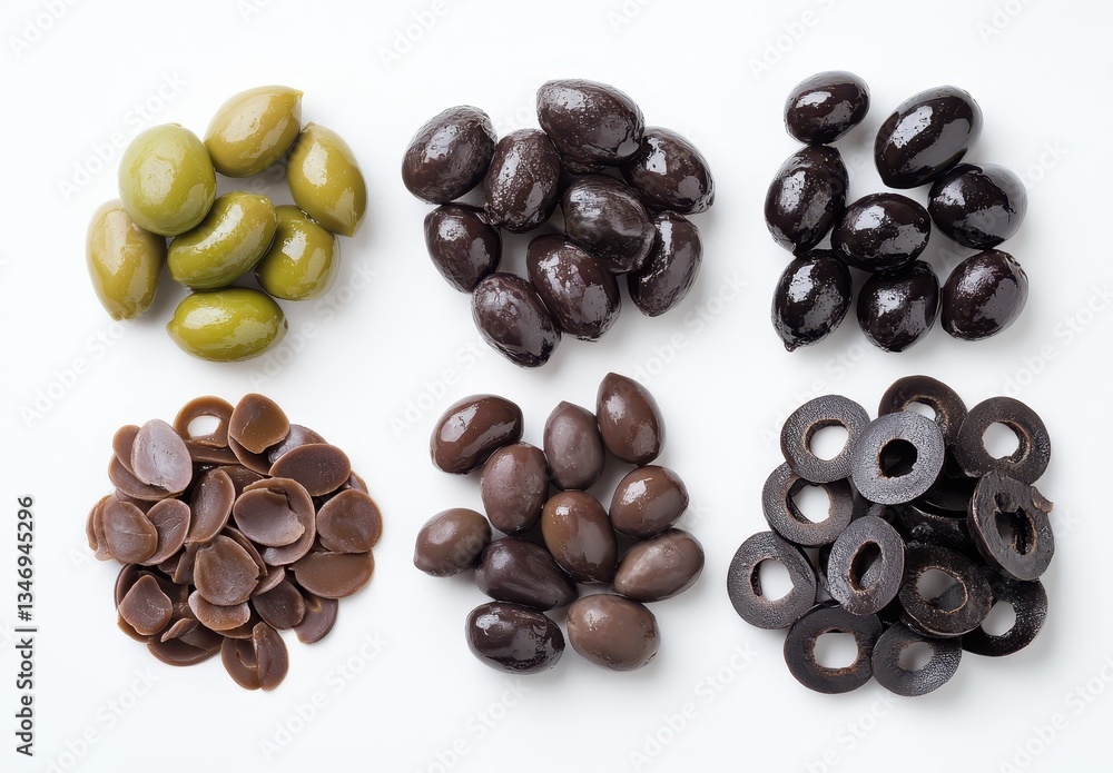 An Assortment of Green and Black Olives with Varied Shapes and Sizes on a White Background Ideal for Culinary and Health-Focused Stock Photography An Assortment of Green and Black Olives with Varied Shapes and Sizes on a White Background Ideal for Culinary and Health-Focused Stock Photography