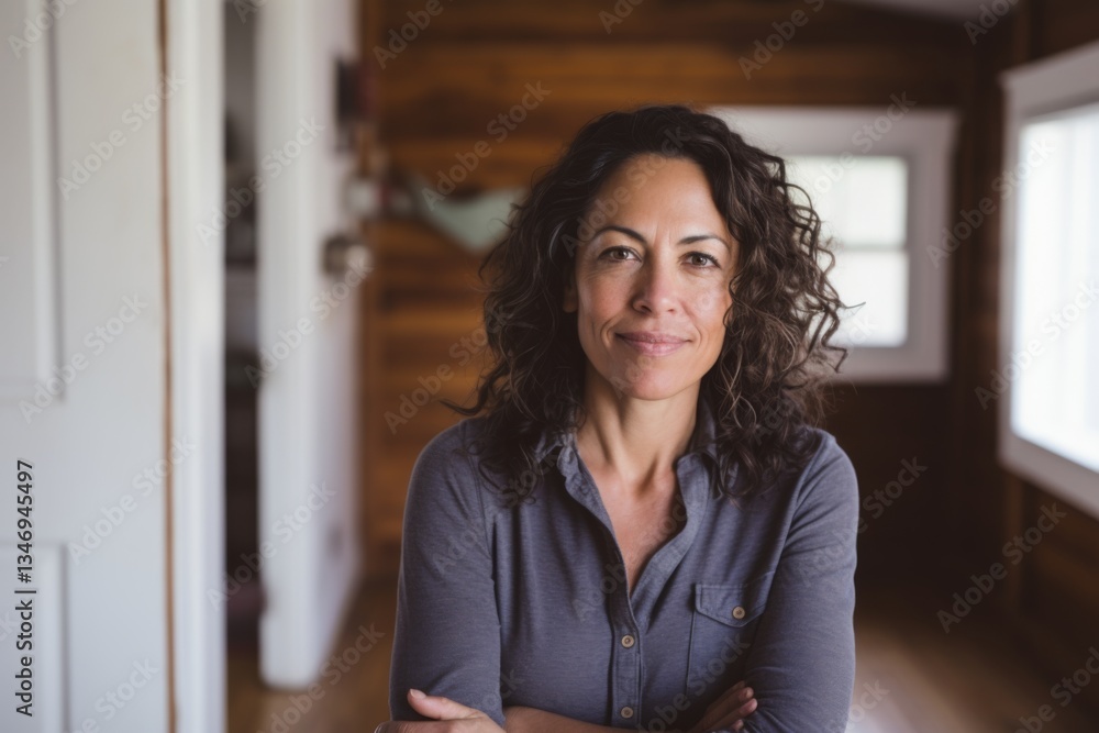 Portrait of middle age Hispanic woman in empty home after moving in Portrait of middle age Hispanic woman in empty home after moving in