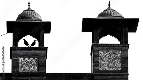 Silhouette of Birds on Ornate Towers Against White Background