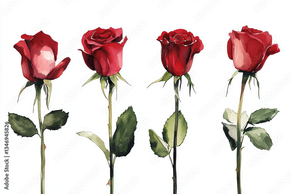 Obraz premium set of red rose flowers watercolor isolated on white background