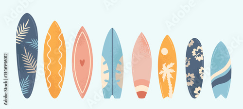 Summer illustrations of surf boards. Different size and colors boards for surfing. Vector design elements