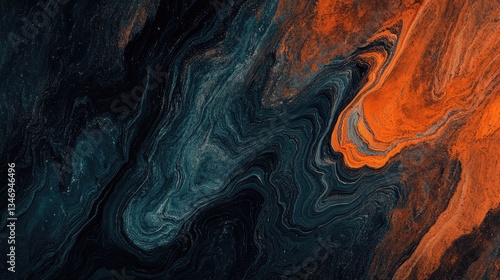 Abstract swirling patterns of orange and blue create a vibrant backdrop, evoking a sense of movement and energy