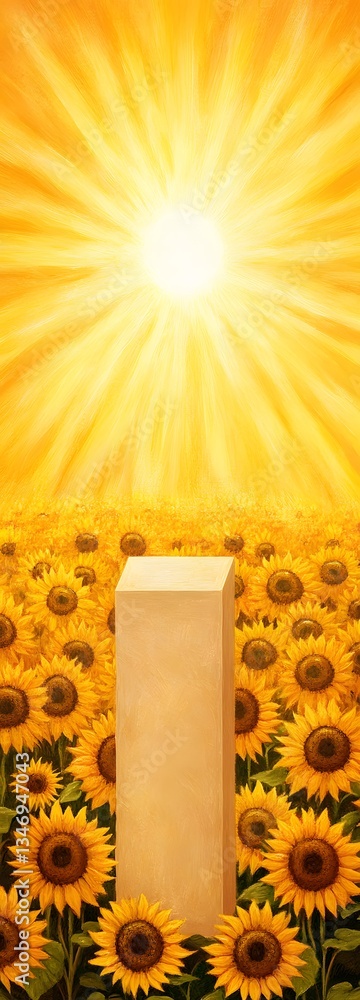 A podium standing in a field of sunflowers, glowing in golden sunlight.