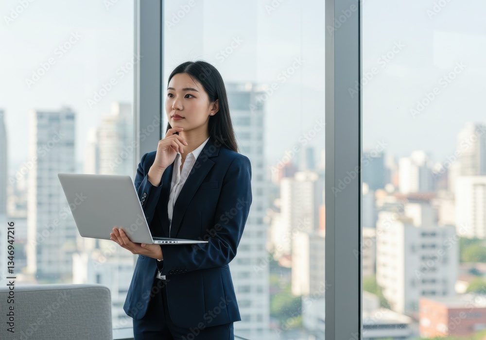 Fototapeta premium Asian businesswoman holding laptop standing near window looking thoughtful in suit jacket office