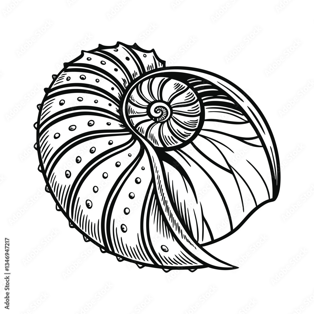 Obraz premium Seashell vector illustration, line drawing style, monochrome design, detailed vector, isolated on a white background