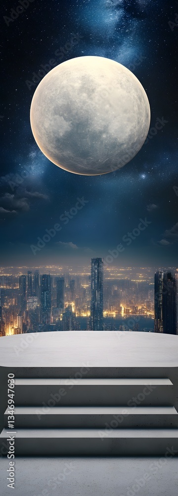 A podium set on the surface of an alien planet, with futuristic cities in the background.