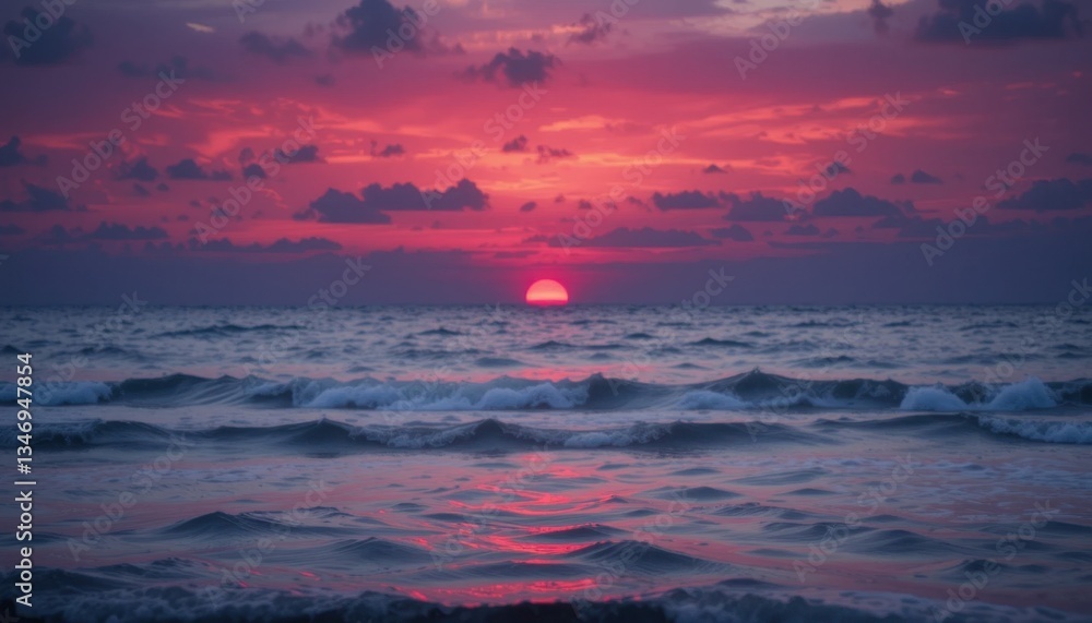 Dramatic Sunset Over Ocean Waves, Twilight View, Landscape Photography, Deep Red and Purple Bokeh Effect Dramatic Sunset Over Ocean Waves, Twilight View, Landscape Photography, Deep Red and Purple Bokeh Effect