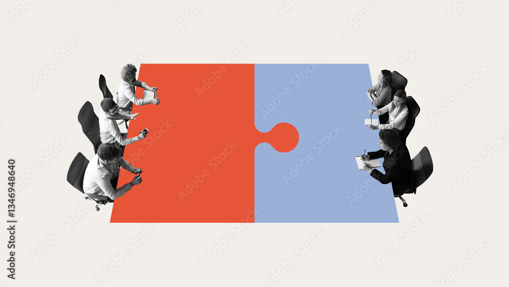 Corporate alignment. Business teams positioned around puzzle table, symbolizing strategic alignment, negotiations, structured collaboration. Concept of teamwork, organizational strategy, acquisition.