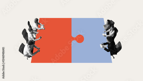 Obraz na płótnie Corporate alignment. Business teams positioned around puzzle table, symbolizing strategic alignment, negotiations, structured collaboration. Concept of teamwork, organizational strategy, acquisition. w salonie