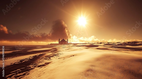 Serene Sunrise Over Desert Landscape with Distant Monument