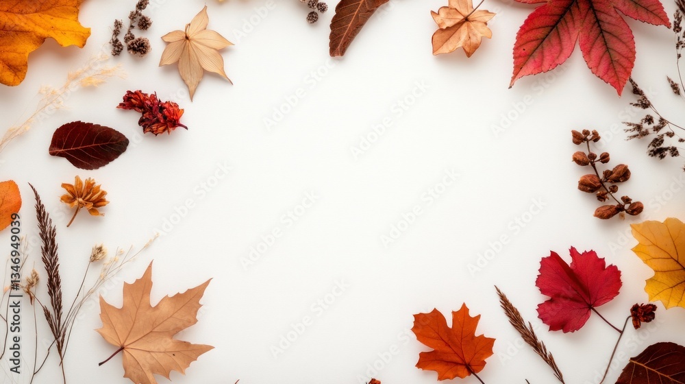 Fototapeta premium Autumn leaves frame with colorful foliage on white background.