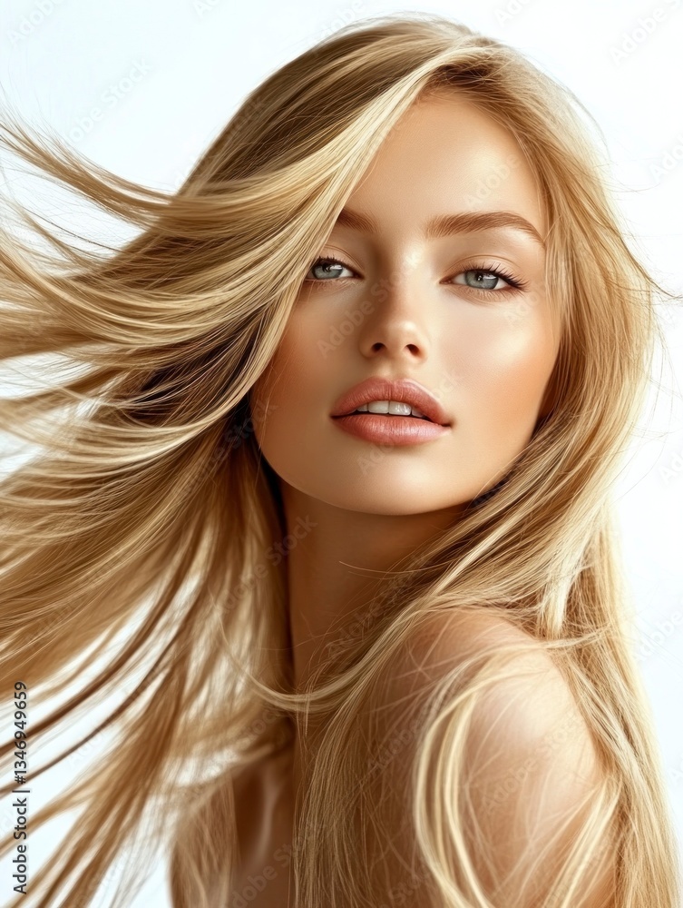 Fototapeta premium Blonde Woman Portrait with Flowing Hair and Light Makeup on White