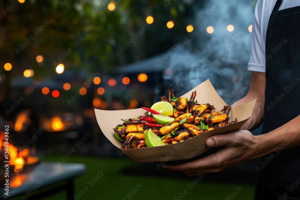 Grilled insects with lime and chili served outdoors at night.