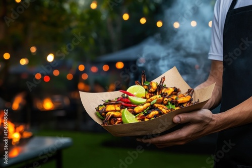 Obraz na płótnie Grilled insects with lime and chili served outdoors at night. w salonie