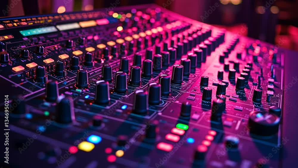 Professional Audio Mixing Console Illuminated with Vibrant Lights for Sound Engineering