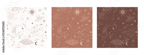 Celestial background with stars and magic design elements. Contemporary seamless pattern set. Trendy mocha mousse palette. Vector illustration. Modern Art design. For paper, cover, fabric, interior