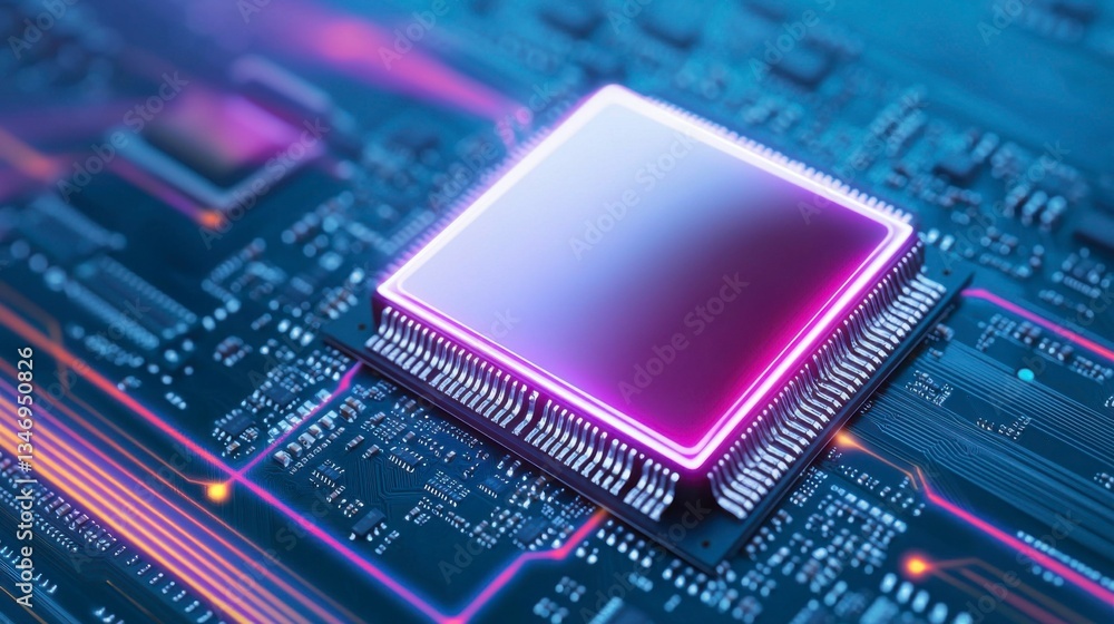 Powerful quantum AI processor chip on a PCB motherboard with glowing data streams symbolizing advanced data processing and artificial intelligence innovation , Minimalism Clean and clear background Powerful quantum AI processor chip on a PCB motherboard with glowing data streams symbolizing advanced data processing and artificial intelligence innovation , Minimalism Clean and clear background