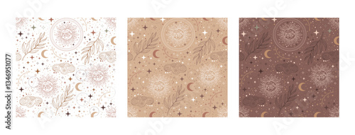 Celestial background with stars and magic design elements. Contemporary seamless pattern set. Trendy mocha mousse palette. Vector illustration. Modern Art design. For paper, cover, fabric, interior