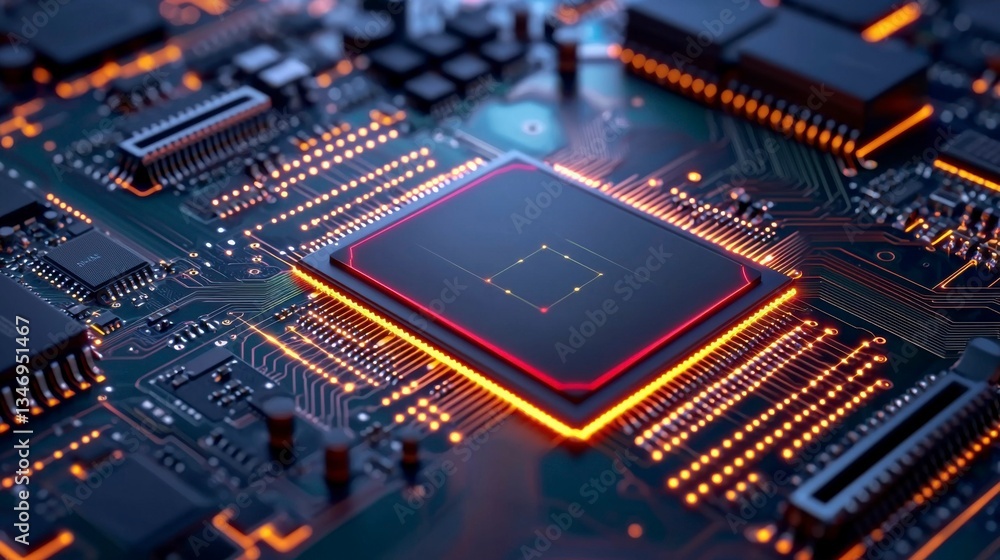 Compact quantum AI chip on a modern PCB design featuring illuminated data connections symbolizing efficient artificial intelligence processing and data flow systems , Minimalism Clean and clear Compact quantum AI chip on a modern PCB design featuring illuminated data connections symbolizing efficient artificial intelligence processing and data flow systems , Minimalism Clean and clear
