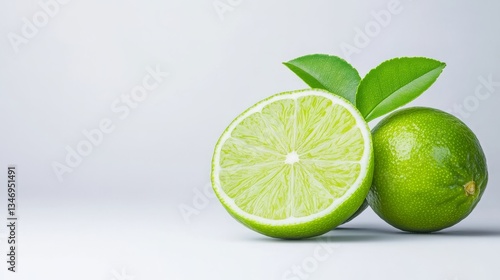 Fresh limes with vibrant green leaves on a light background