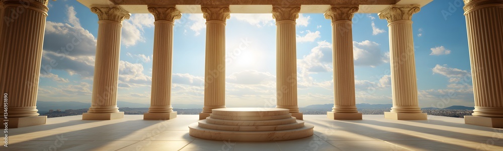 An ancient Greek-style podium made of marble, standing in a grand temple with massive pillars.