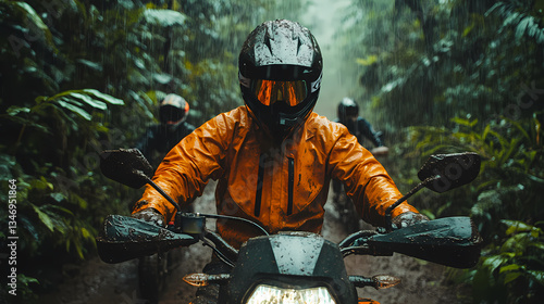Motorcycle Adventure in the Jungle: A motorcycle adventure captures the essence of exploration, navigating a muddy trail deep within a verdant jungle, evoking the raw thrill of outdoor travel