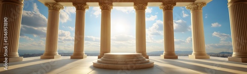 An ancient Greek-style podium made of marble, standing in a grand temple with massive pillars.