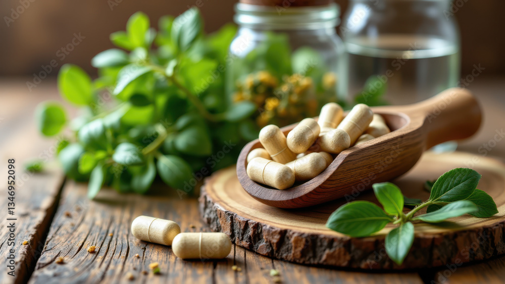 Magnesium glycinate supplements on a rustic wooden surface with herbs and bottles. Magnesium glycinate supplements on a rustic wooden surface with herbs and bottles.