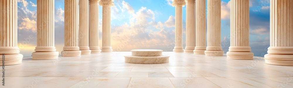An ancient Greek-style podium made of marble, standing in a grand temple with massive pillars.