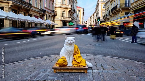 A Serene White Cat Dressed in a Yellow Robe Meditating Amidst the Vibrant Motion of a Busy Urban Intersection