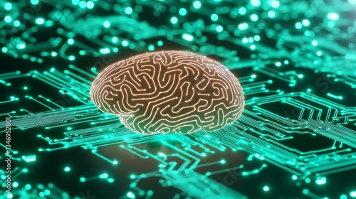 Digital mind concept with a glowing 3D brain surrounded by intricate circuits representing artificial intelligence and its applications in computational systems , Minimalism Clean and clear
