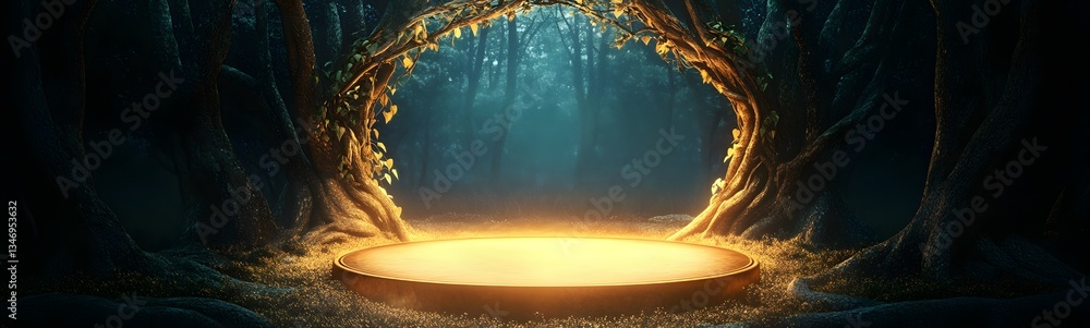 A golden podium wrapped in glowing vines, nestled deep in a mystical enchanted forest.