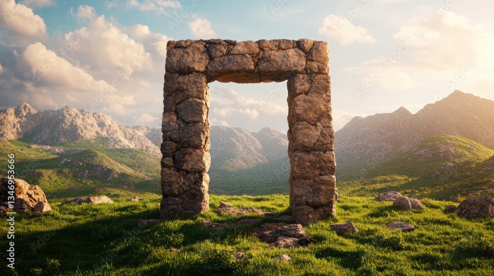 A stunning photorealistic rende of an ancient tomb doorway amidst breathtaking scenery, showcasing monumental stone craftsmanship and timeless beauty. A stunning photorealistic rende of an ancient tomb doorway amidst breathtaking scenery, showcasing monumental stone craftsmanship and timeless beauty.