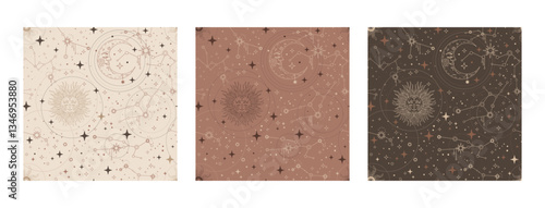 Celestial background with stars and magic design elements. Contemporary seamless pattern set. Trendy mocha mousse palette. Vector illustration. Modern Art design. For paper, cover, fabric, interior