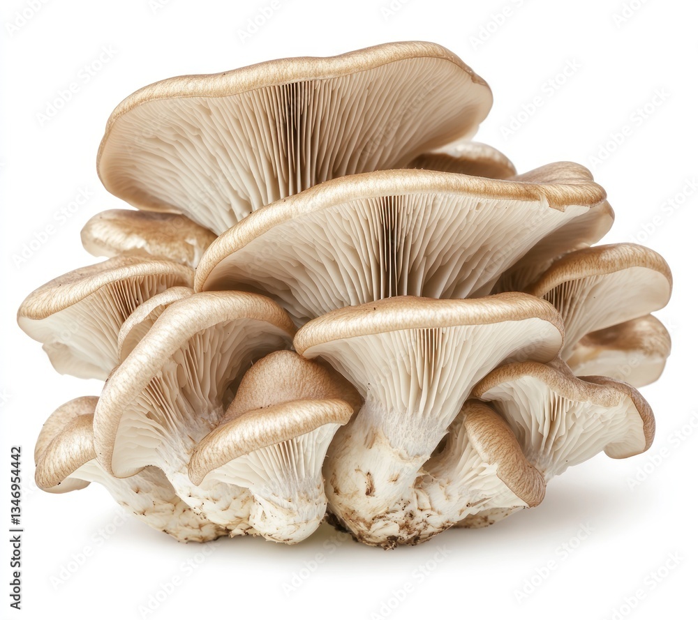 Oyster Mushroom Cluster Fresh and Edible with Detailed Gills on White Oyster Mushroom Cluster Fresh and Edible with Detailed Gills on White