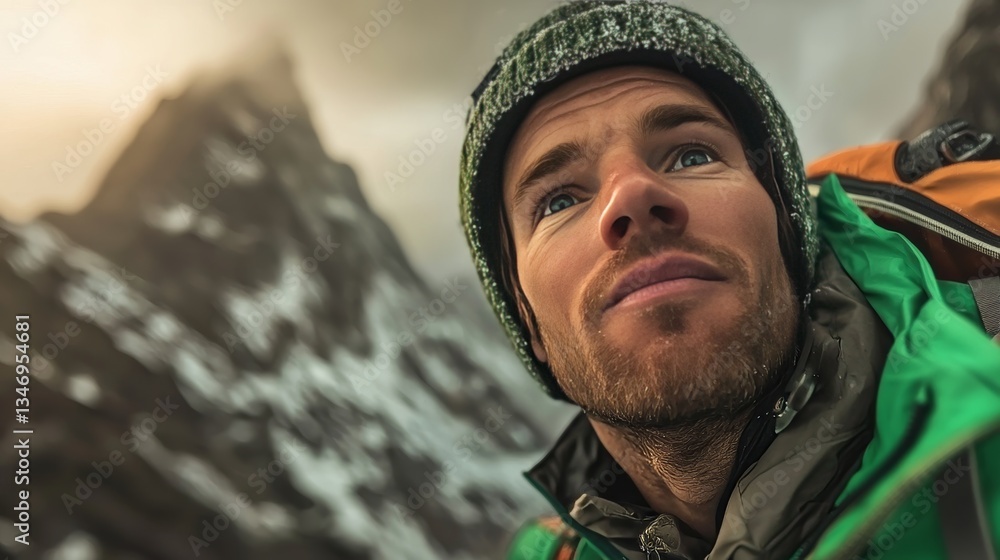 Obraz premium Adventurous Climber Preparing for Summit in Majestic Mountain Landscape