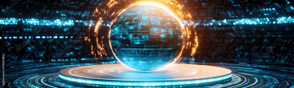 A high-tech podium with a holographic interface, floating in a futuristic digital arena.