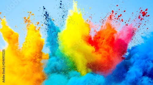 Vibrant Explosion of Colorful Dust and Powder Against Blue Sky