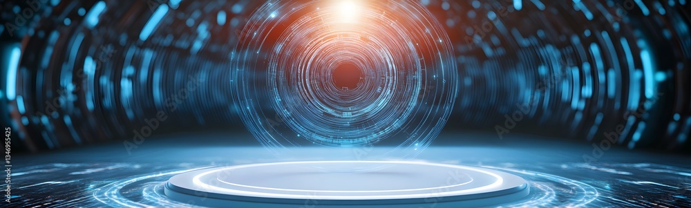 A high-tech podium with a holographic interface, floating in a futuristic digital arena.