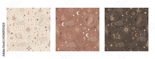 Celestial background with stars and magic design elements. Contemporary seamless pattern set. Trendy mocha mousse palette. Vector illustration. Modern Art design. For paper, cover, fabric, interior