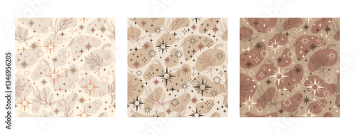 Celestial background with stars and magic design elements. Contemporary seamless pattern set. Trendy mocha mousse palette. Vector illustration. Modern Art design. For paper, cover, fabric, interior