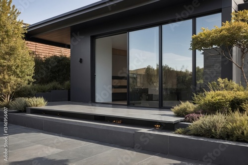 Modern architectural building with outdoor patio and beautiful garden landscaping