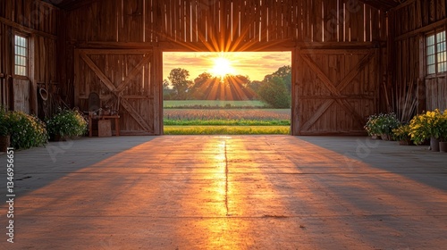 Rustic barn interior at sunset
