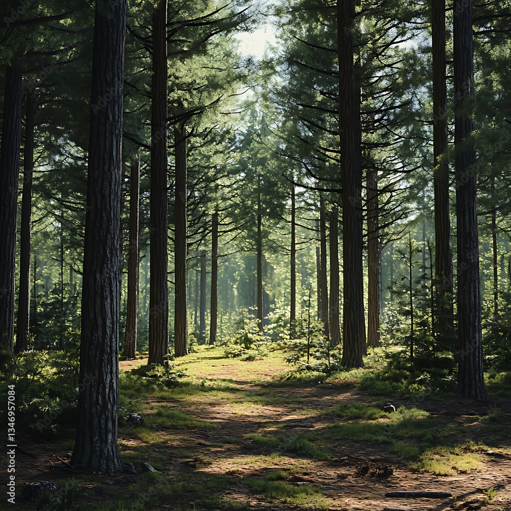 Obraz premium Majestic pine tree forest in the North Woods with dense greenery high resolution wallpaper