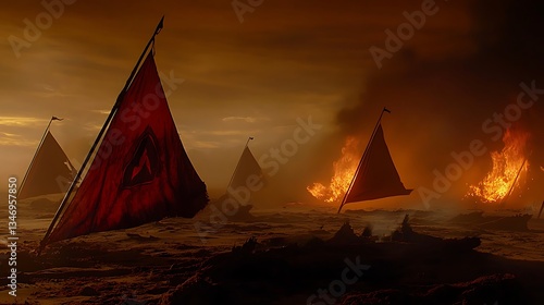 Mysterious Red Flags Amidst Fiery Landscape at Twilight