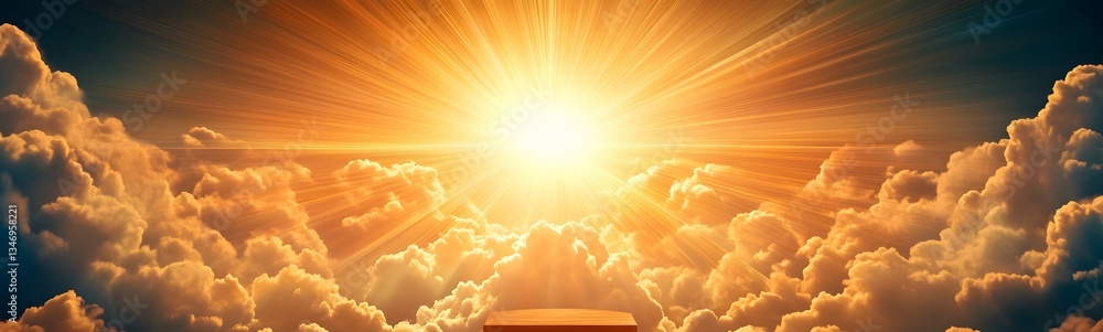 A celestial podium resting on clouds, illuminated by golden sunbeams breaking through.