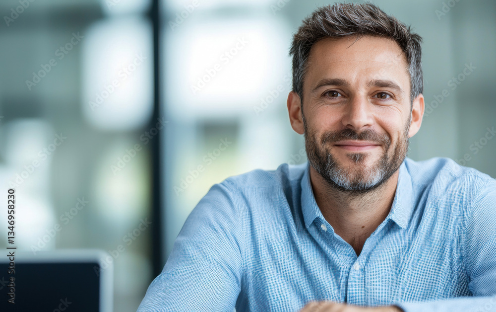 Fototapeta premium confident professional man smiles warmly modern office setting, exuding positivity